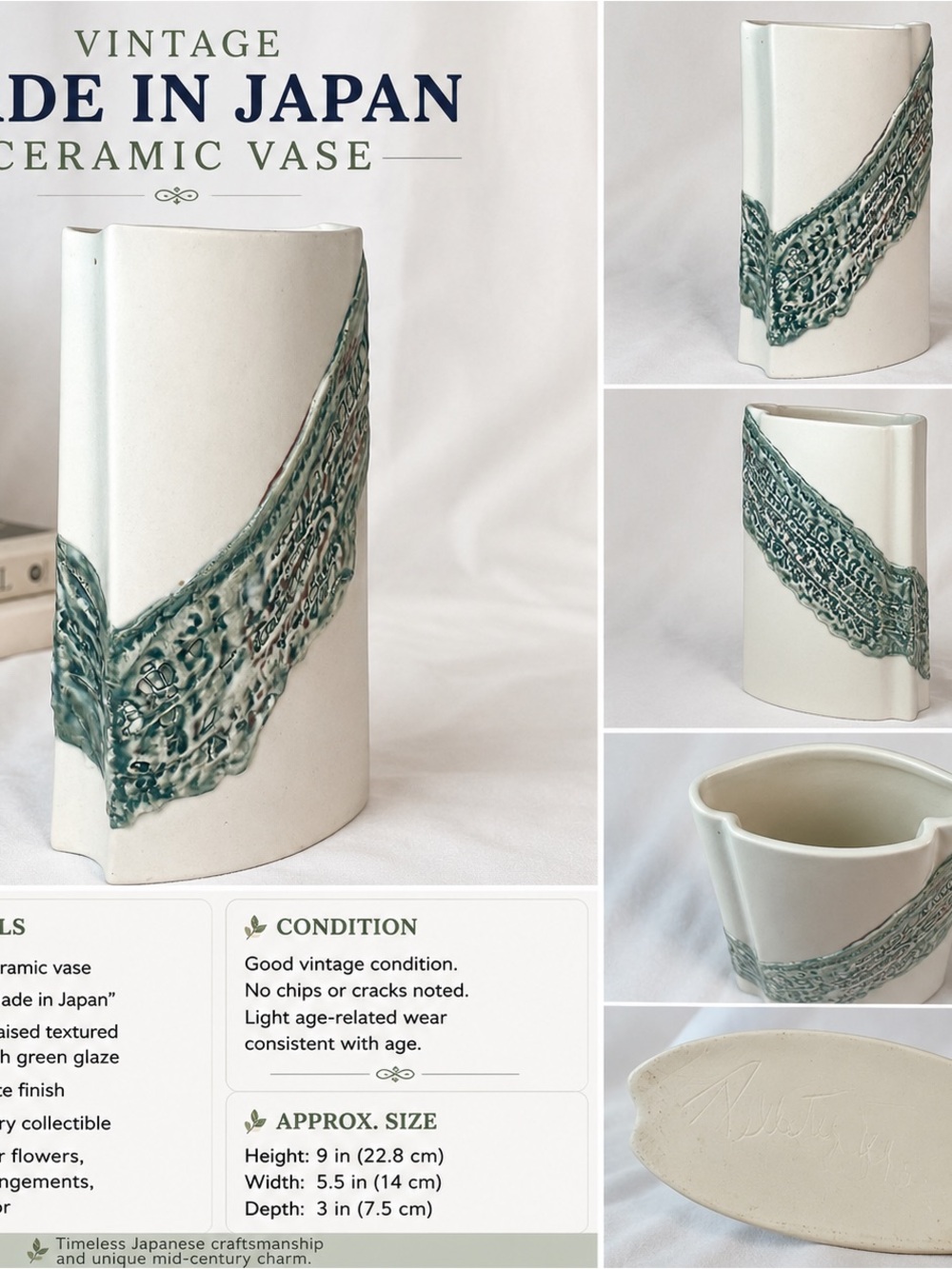 Vintage Japanese Ceramic Vase - White with Teal Green Accent